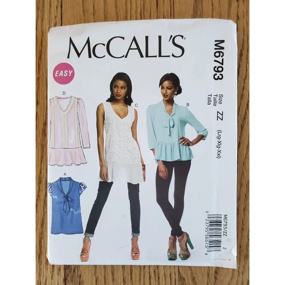 McCall's M6793 Womens L to XXL V-Neck/Bow Top New Uncut